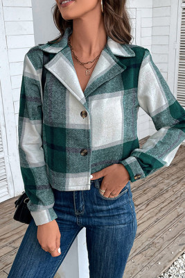 Green Plaid Lapel Collar Crop Jacket