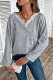 Grey V Neck Lace Edge Long Sleeves Top