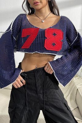 Navy Number 78 Patchwork See Thru Knit Crop Top