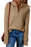 Light French Beige Waffle Knit Patchwork Zipped Collared Pullover Top