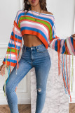 Multicolor Stripe Tassels Sleeves Crop Sweater