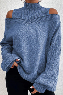 Cold Shoulder Plain Knitting Turtleneck Sweater 