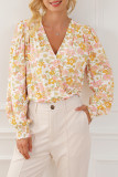Multicolor Shirred Puff Sleeve V Neck Floral Bodysuit