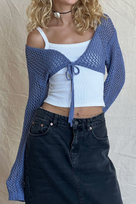 Plain See Thru Knit Front Tie Crop Cardigan