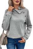 Gray Asymmetric Buttons Detail High Neck Textured Sweatshirt
