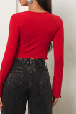 Red Square Neck Long Sleeves Crop Top 