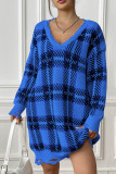 V Neck Plaid Knit Raw Edge One Size Sweater Dress