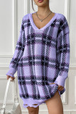 V Neck Plaid Knit Raw Edge One Size Sweater Dress