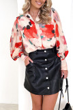 Abstract Print Button Up Puff Blouse