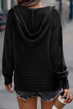 Black V Neck Ribbed Drop Shoulder Hooded Sweater