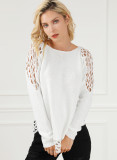 White Solid Scoop Neck Hollow Out Sweater