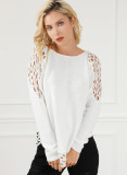 White Solid Scoop Neck Hollow Out Sweater
