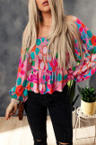 Multicolor Floral Print Smocked Square Neck Ruffles Blouse