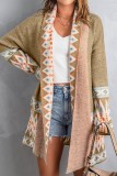Khaki Aztec Print Open Front Knitted Cardigan