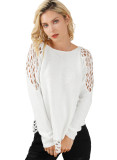 White Solid Scoop Neck Hollow Out Sweater