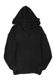 Black V Neck Ribbed Drop Shoulder Hooded Sweater