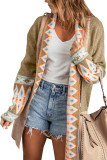 Khaki Aztec Print Open Front Knitted Cardigan
