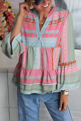 Multicolour Boho Geometric Print Split Neck Ruffle Blouse