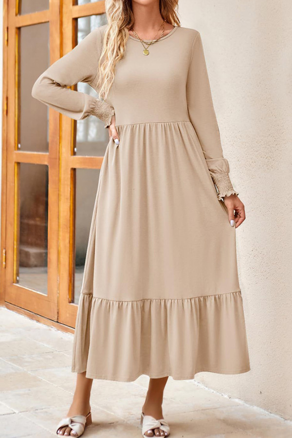 Plain Splicing Pockets Smocked Dress 