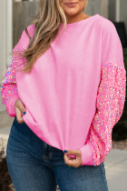 Pink Plus Size Sequin Sleeve Drop Shoulder Sweatshirt