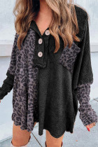 Black Color Block Leopard Button Pullover
