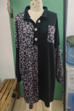 Black Color Block Leopard Button Pullover