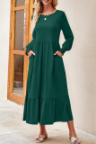 Plain Splicing Pockets Smocked Dress 