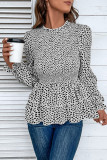 Leopard Splicing Smocked Puff Sleeves Top 