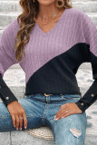 V Neck Color Block Button Cuff Rib Long Sleeves Top