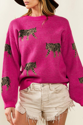 Rose Red Fierce Animal Pattern Casual Knitted Sweater