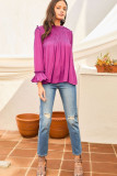 Bright Pink Shirred Button Keyhole Back Flounce Sleeve Blouse