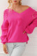Rose Red Pearl Embellished Fuzzy Hearts V Neck Sweater