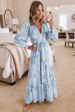 Sky Blue Printed Surplice Neck Bubble Sleeve Maxi Dress with Sash