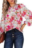 White Floral Frilled Neckline Puff Sleeve Blouse