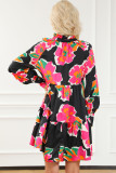 Multicolour Frill Collar Split Neck Long Sleeve Floral Dress