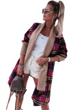 Rose Red Ribbed Splicing Plaid Open Front Cardigan