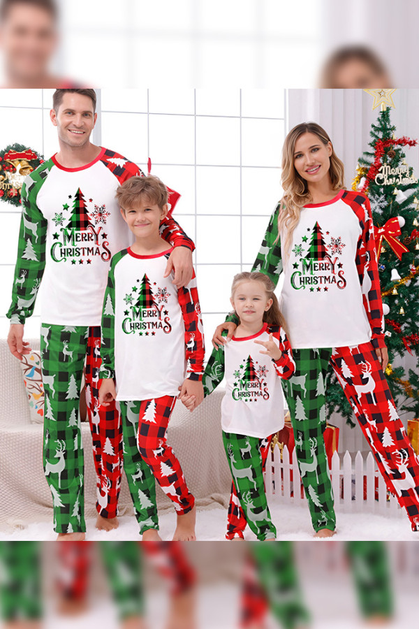 Green with Red Plaid Reglan Sleeves Christmas Print Family Match Plaid Pajamas Set