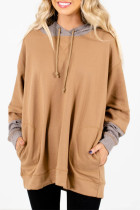 Camel Contrast Hood Patchwork Pocketed Baggy Sweatshirt