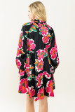 Multicolour Frill Collar Split Neck Long Sleeve Floral Dress