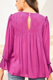Bright Pink Shirred Button Keyhole Back Flounce Sleeve Blouse