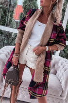 Rose Red Ribbed Splicing Plaid Open Front Cardigan