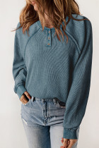 Sea Green Waffle Knit Raglan Sleeve Henley Sweatshirt
