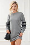 Dark Grey Printed Fringed Ruffled Accent Sweatshirt Dress