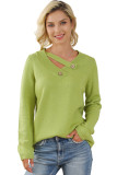 Green Button Tab V Neck Solid Color Sweater