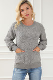 Gray Double Pockets Ribbed Trim Popcorn Knit Sweater