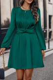 Plain Tie Waist Lantern Sleeves Dress 