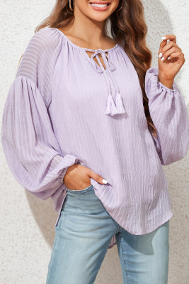 Purple Lantern Sleeve Stripe Tassel Drawstring Blouse