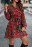 Lantern Sleeves Tie Waist Plaid Dress 