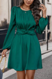 Plain Tie Waist Lantern Sleeves Dress 