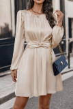 Plain Tie Waist Lantern Sleeves Dress 